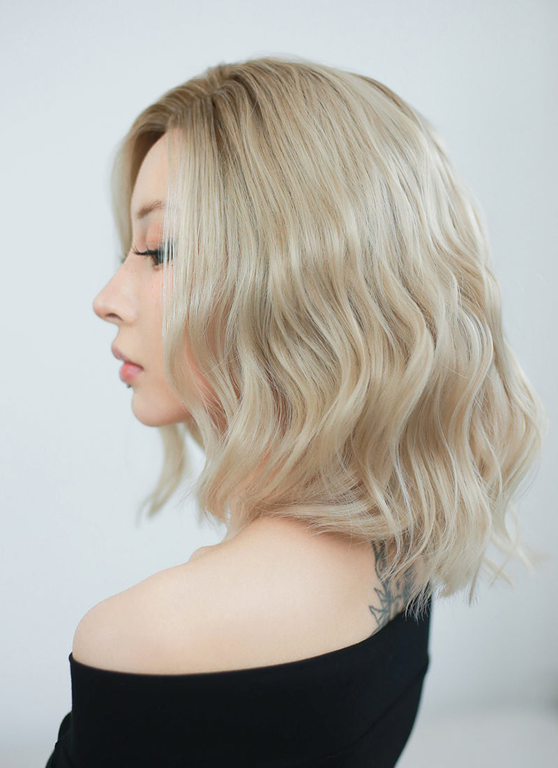 Ash Blonde With Brown Roots Wavy Bob Lace Front Synthetic Wig LF6006