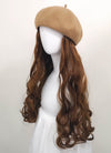 Camel Beret With Wavy Brown Hair Attached CW002