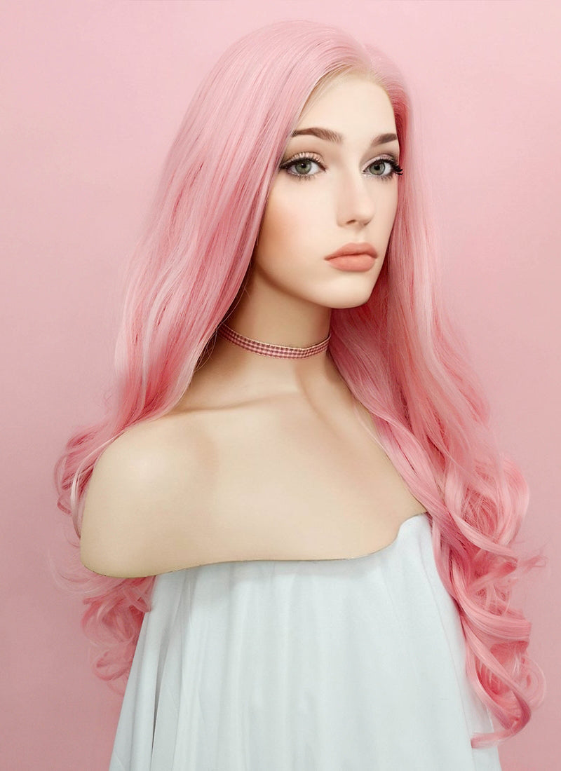 Pastel Pink Wavy Lace Front Synthetic Wig LF084