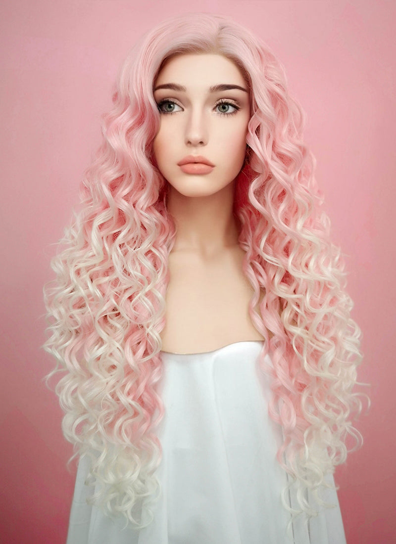 Pastel Pink Blonde Ombre Spiral Curly Lace Front Synthetic Wig LF165