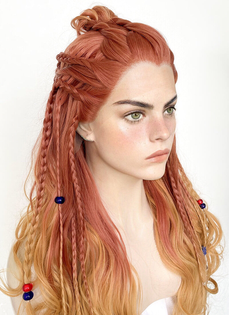 Blonde Long Double Braided Synthetic Machine Wig Ombre Red Heat