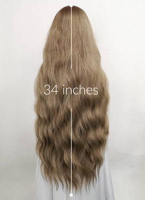 Ash Blonde With Brown Roots Money Piece Wavy Lace Front Synthetic Wig LF3219