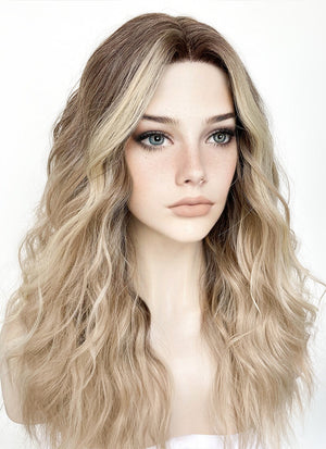 Balayage Blonde Highlights Money Piece Wavy Lace Front Kanekalon Synthetic Wig LF3233