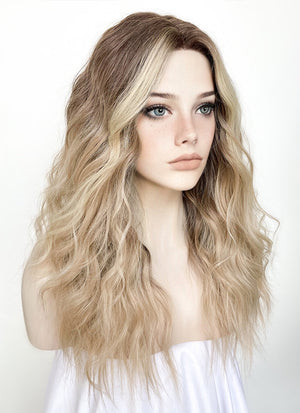 Balayage Blonde Highlights Money Piece Wavy Lace Front Kanekalon Synthetic Wig LF3233
