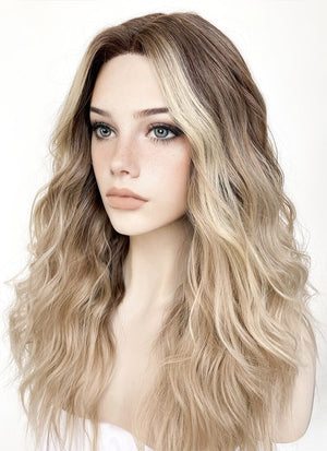 Balayage Blonde Highlights Money Piece Wavy Lace Front Kanekalon Synthetic Wig LF3233