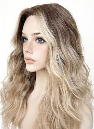 Balayage Blonde Highlights Money Piece Wavy Lace Front Kanekalon Synthetic Wig LF3233