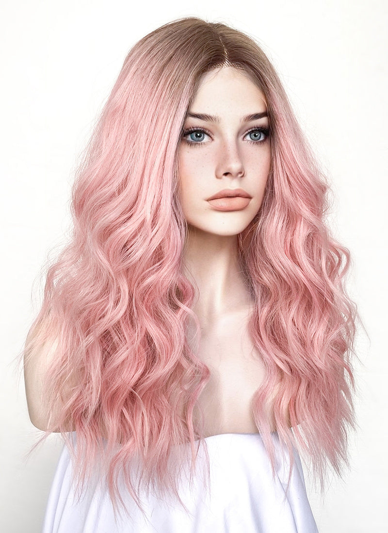 Pastel Pink With Brown Roots Wavy Lace Front Kanekalon Synthetic Wig LF3250