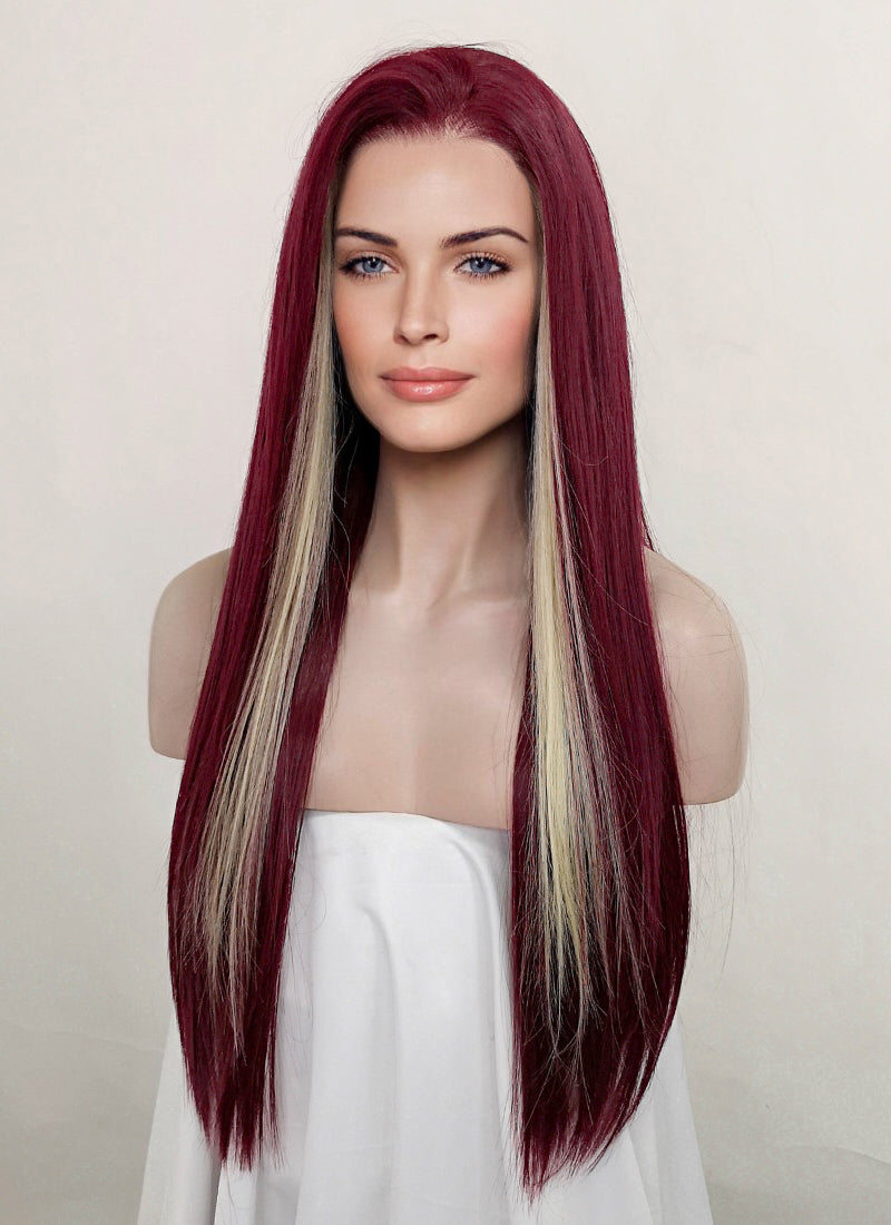 Dark Red Mixed Blonde Straight Lace Front Kanekalon Synthetic Wig LF3261
