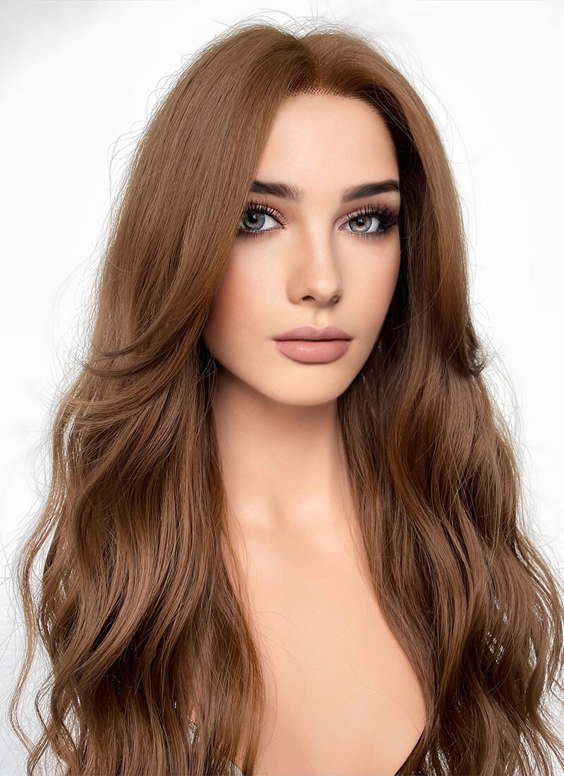 Brown Curtain Bangs Wavy Lace Front Synthetic Wig LF3294