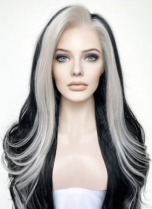 Black and Grey Money Piece Wavy Lace Front Synthetic Wig LF3298