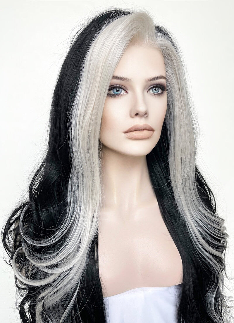 Black and Grey Money Piece Wavy Lace Front Synthetic Wig LF3298