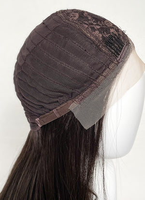 Brunette And Burgundy Money Piece Curtain Bangs Wavy Lace Front Synthetic Wig LF3302