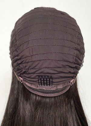 Brunette And Burgundy Money Piece Curtain Bangs Wavy Lace Front Synthetic Wig LF3302