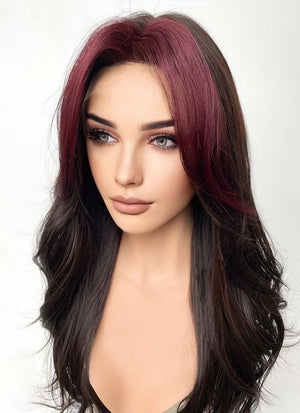 Brunette And Burgundy Money Piece Curtain Bangs Wavy Lace Front Synthetic Wig LF3302