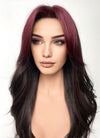 Brunette And Burgundy Money Piece Curtain Bangs Wavy Lace Front Synthetic Wig LF3302