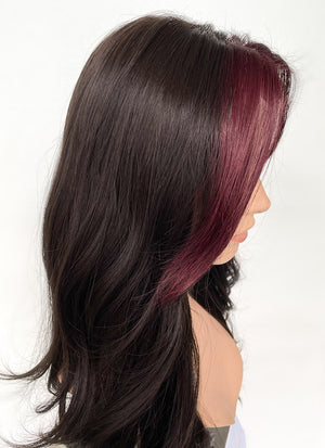 Brunette And Burgundy Money Piece Curtain Bangs Wavy Lace Front Synthetic Wig LF3302