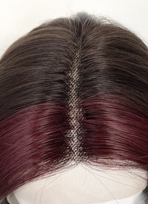 Brunette And Burgundy Money Piece Curtain Bangs Wavy Lace Front Synthetic Wig LF3302