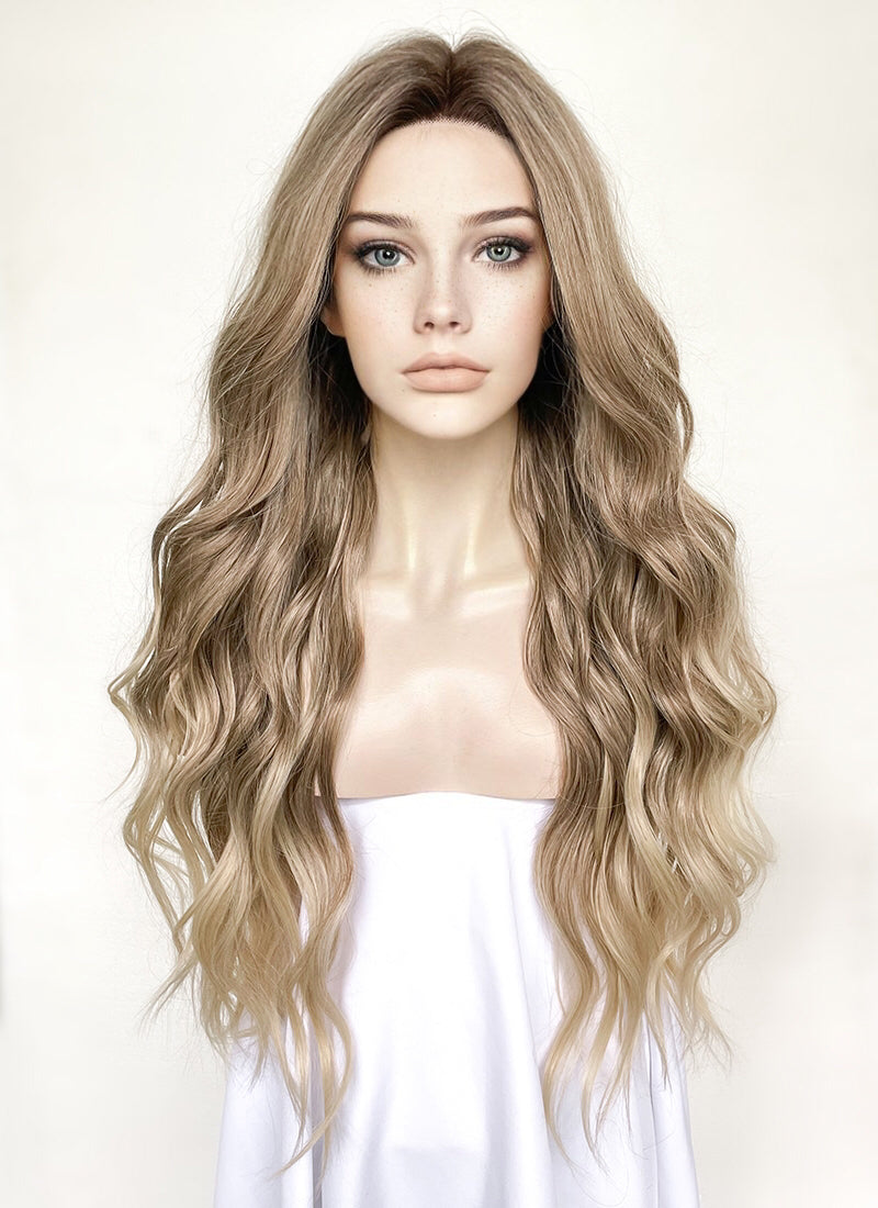 Two Tone Blonde With Dark Roots Wavy Lace Front Synthetic Wig LF3307