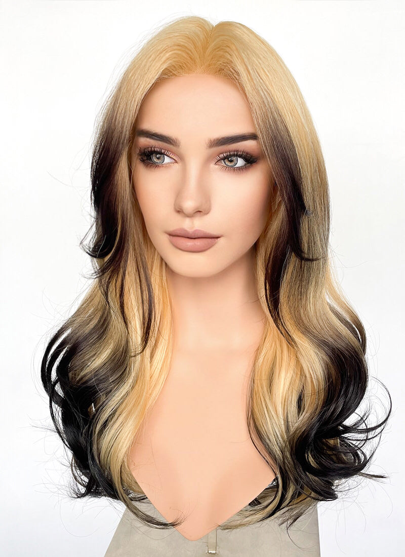 Blonde Black Ombre Curtain Bangs Wavy Lace Front Synthetic Hair Wig LF3317A