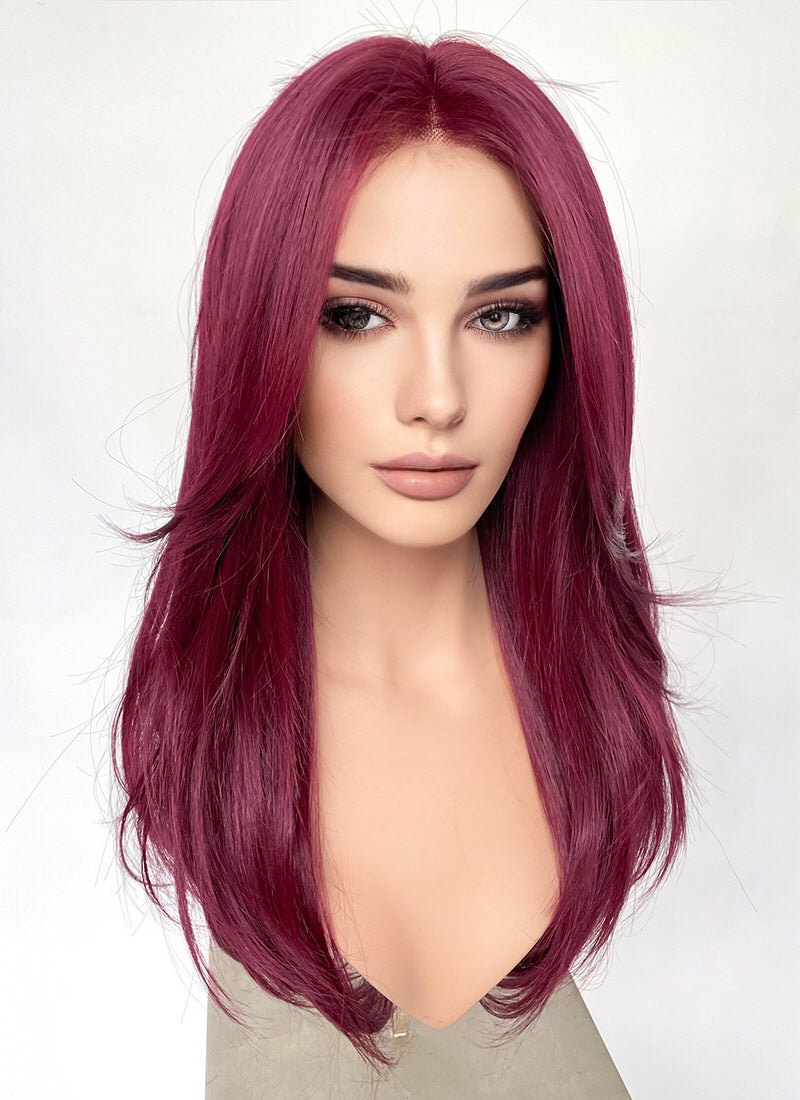 Burgundy Red Curtain Bangs Straight Lace Front Synthetic Hair Wig LF3328