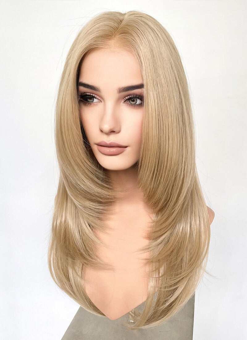 Blonde Curtain Bangs Straight  Layered Hush Cut Lace Front Synthetic Hair Wig LF3332