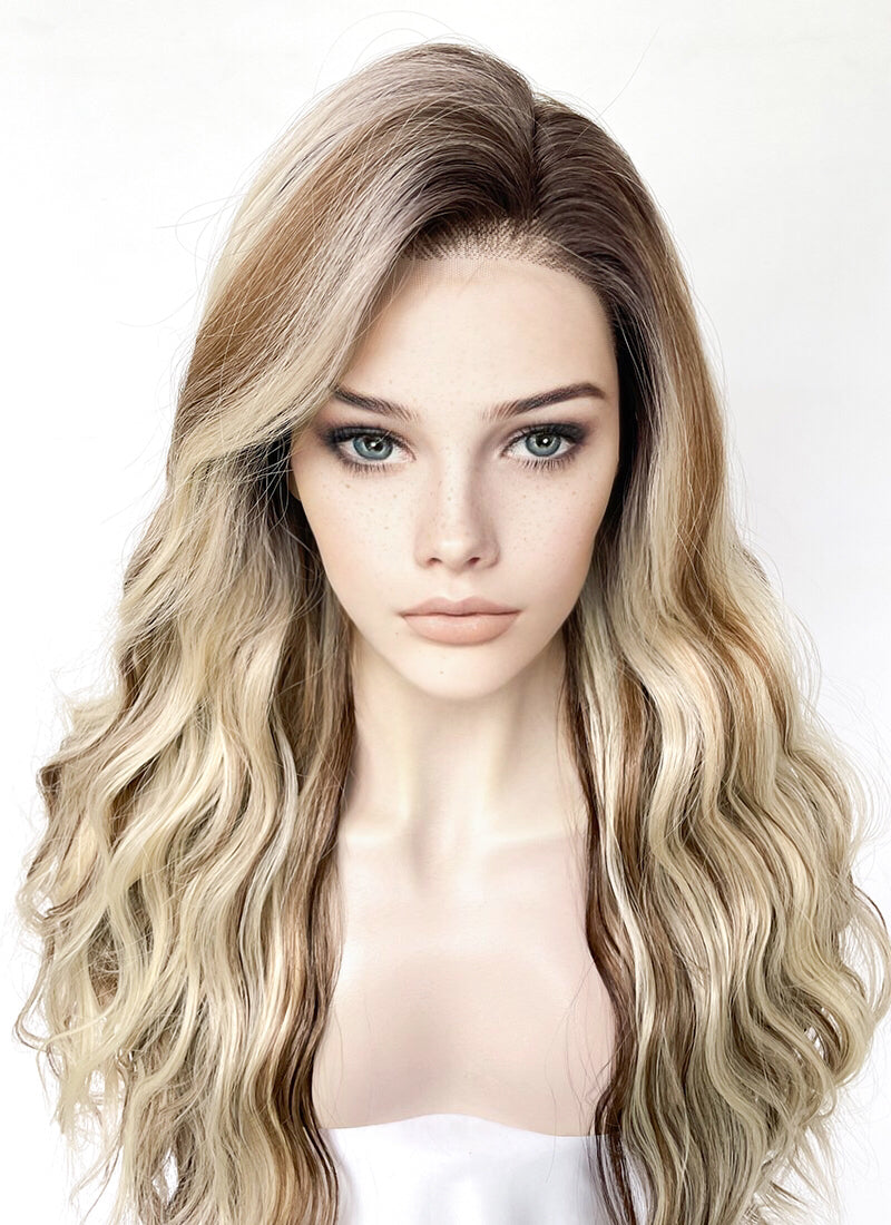 Balayage Brown With Blonde Highlights Wavy Lace Front Kanekalon Synthetic Hair Wig LF3333