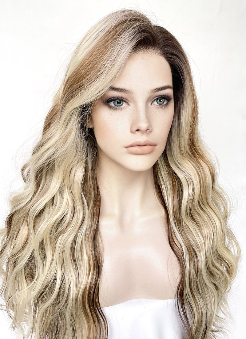 Balayage Brown With Blonde Highlights Wavy Lace Front Kanekalon Synthetic Hair Wig LF3333