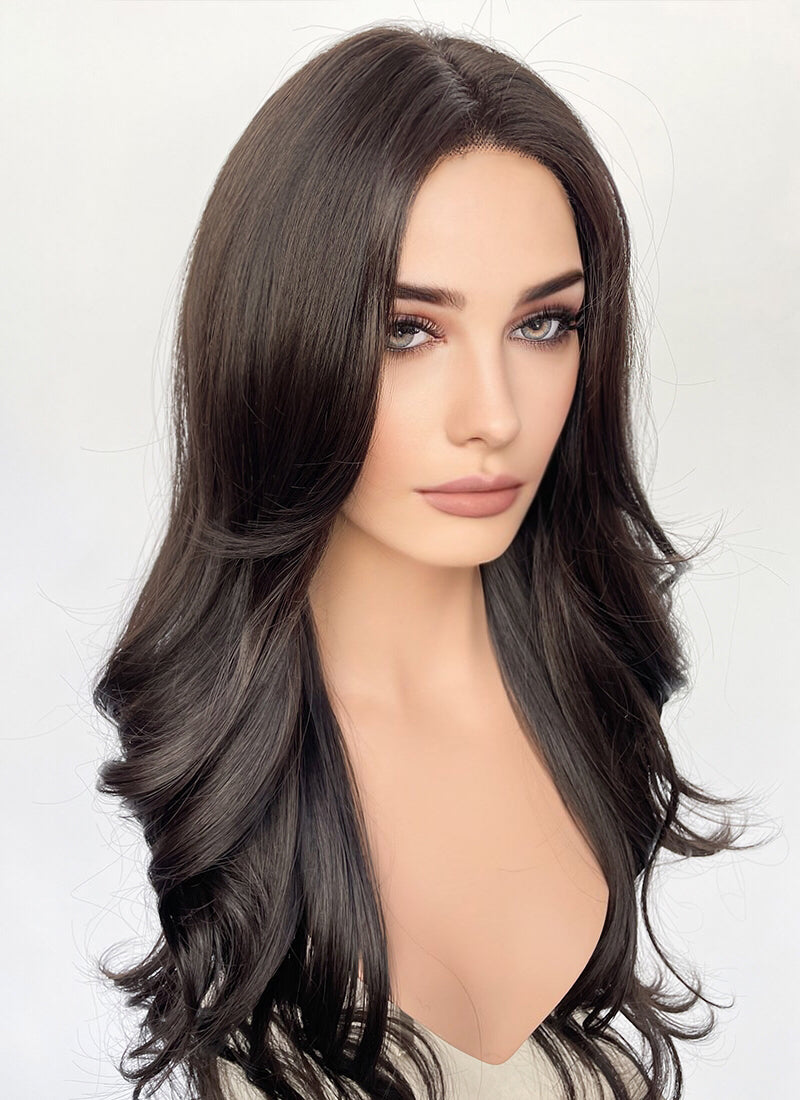 Brunette Curtain Bangs Wavy Lace Front Synthetic Hair Wig LF3337