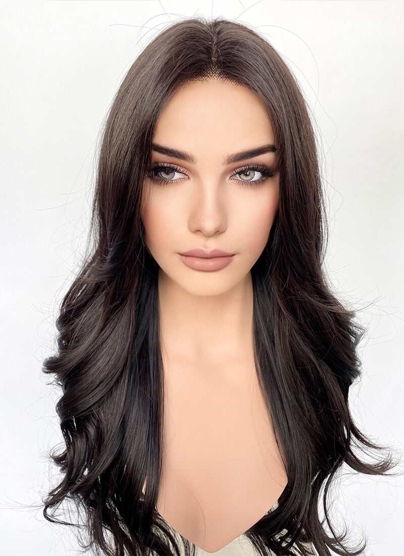 Brunette Curtain Bangs Wavy Lace Front Synthetic Hair Wig LF3337