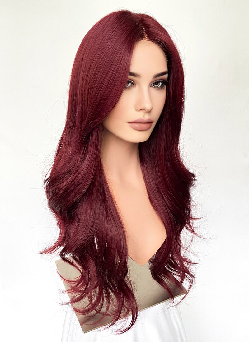 Dark Burgundy Red Curtain Bangs Wavy Lace Front Synthetic Hair Wig LF3340