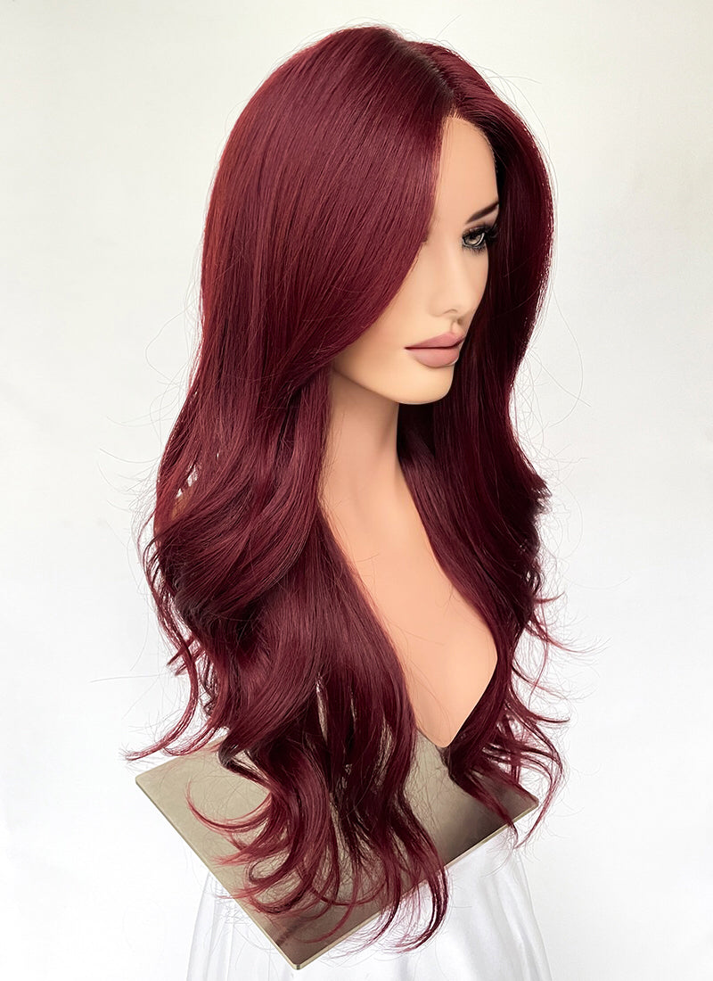 Dark Burgundy Red Curtain Bangs Wavy Lace Front Synthetic Hair Wig LF3340