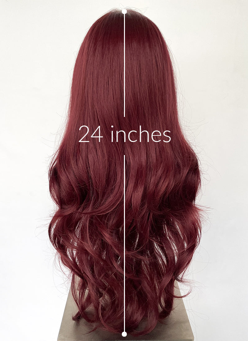 Dark Burgundy Red Curtain Bangs Wavy Lace Front Synthetic Hair Wig LF3340