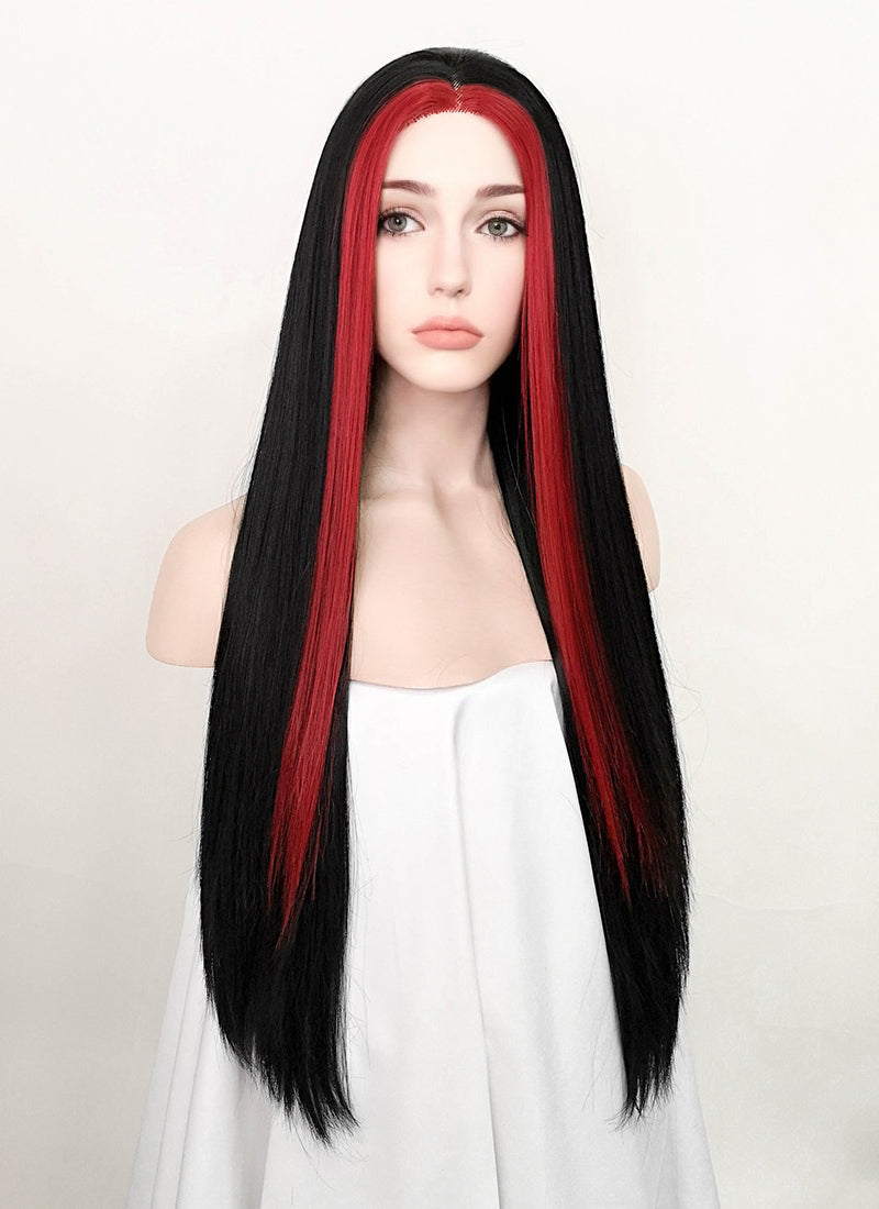 Black And Red Money Piece Straight Lace Front Synthetic Wig LF5113