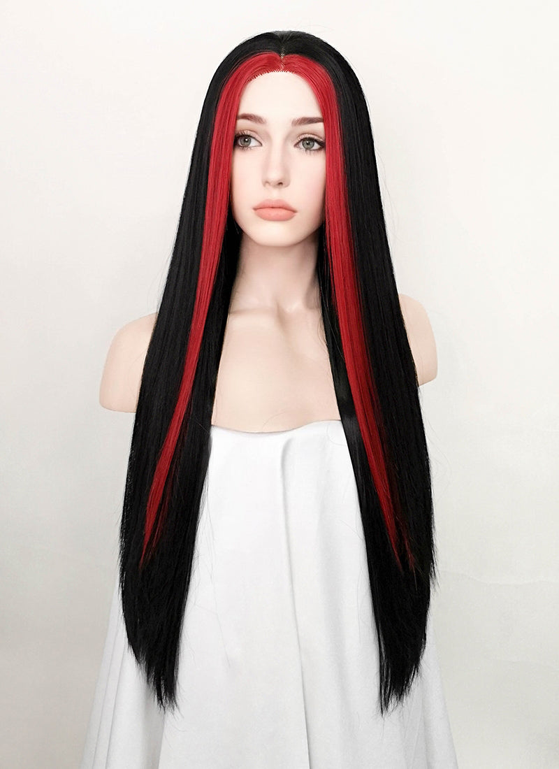 Black And Red Money Piece Straight Lace Front Synthetic Wig LF5113