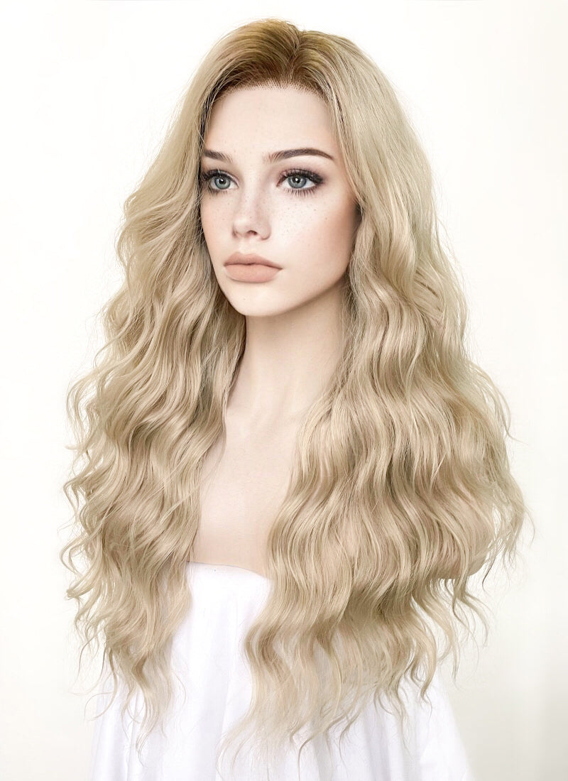 Ash Blonde With Brown Roots Wavy Lace Front Synthetic Wig LFK5501