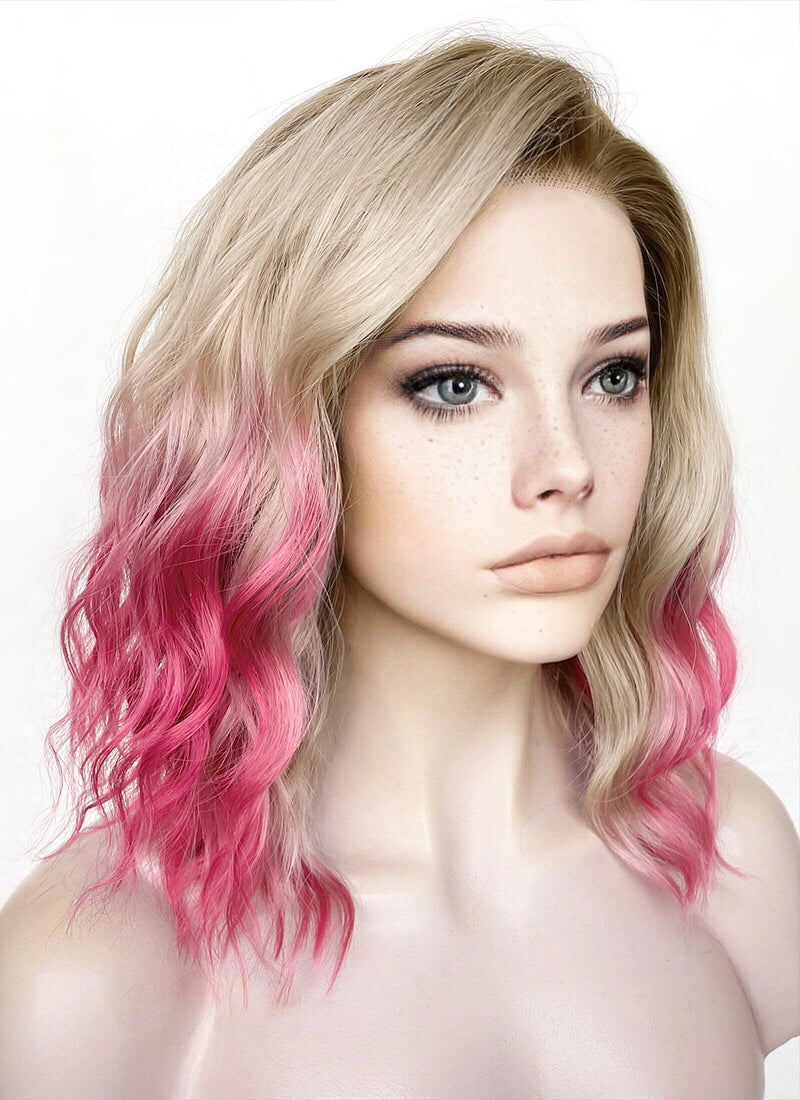 Blonde Mixed Pink With Dark Roots Wavy Lace Front Synthetic Hair Wig LFK5551