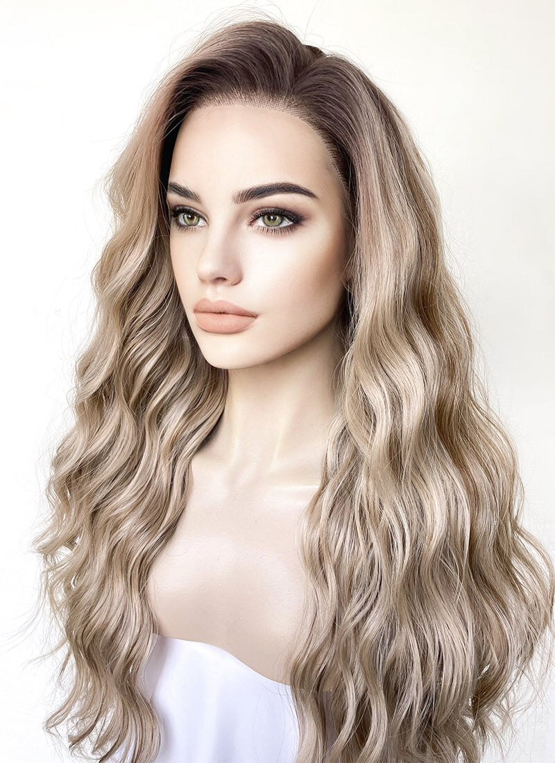 Blonde Mixed Brown With Dark Roots Wavy 13" x 6" Lace Top Kanekalon Synthetic Hair Wig LFS033
