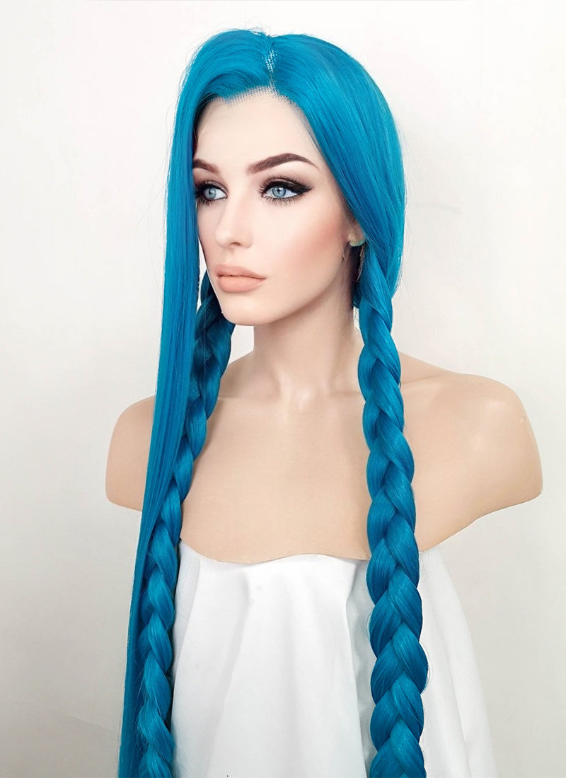 League of Legends LOL Jinx Turquoise Blue Straight Lace Front Synthetic Wig LN6020