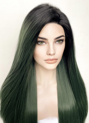 Swamp Green With Dark Roots Straight Yaki Lace Front Synthetic Wig LN6024