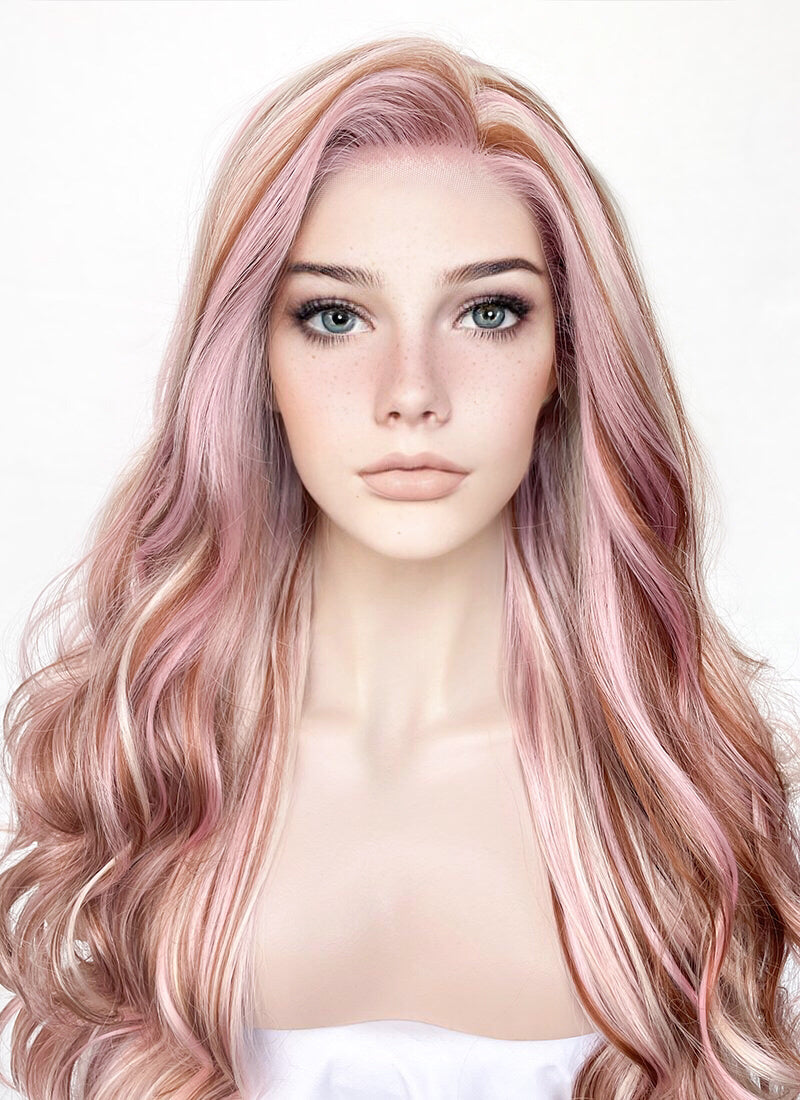 Pink Blonde Brown Mixed Wavy Lace Front Synthetic Wig LW4019