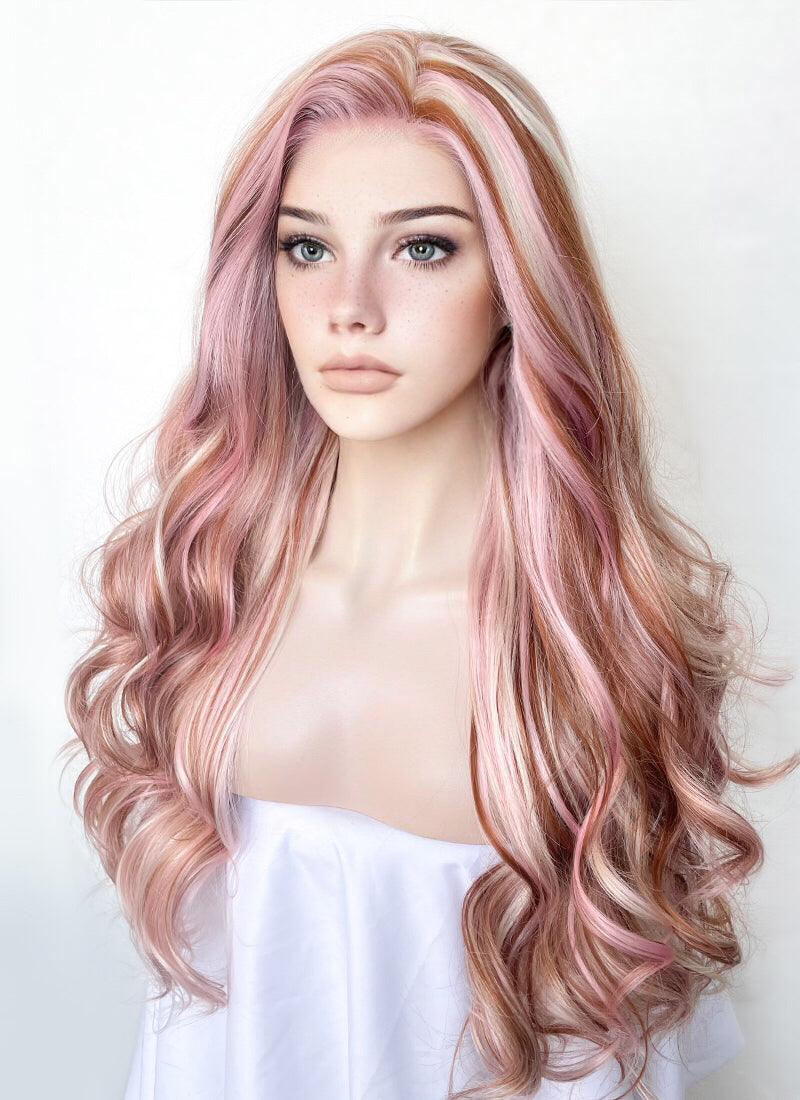 Pink Blonde Brown Mixed Wavy Lace Front Synthetic Wig LW4019