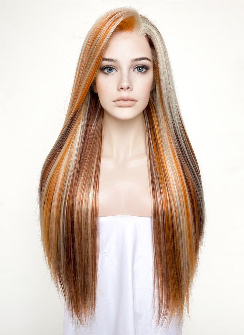 Brown straight hair with blonde highlights sale