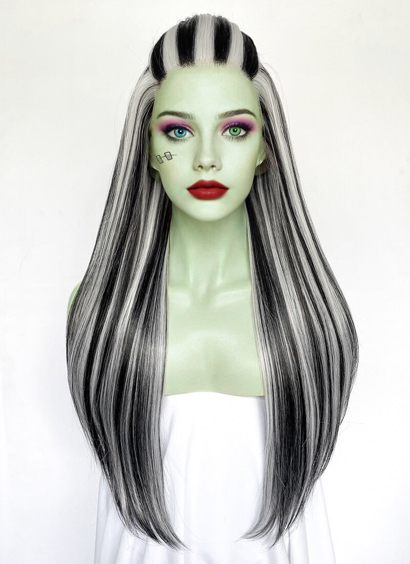 Monster High Frankie Stein Black With Silver Grey Highlights Straight Lace Front Synthetic Wig LW4030