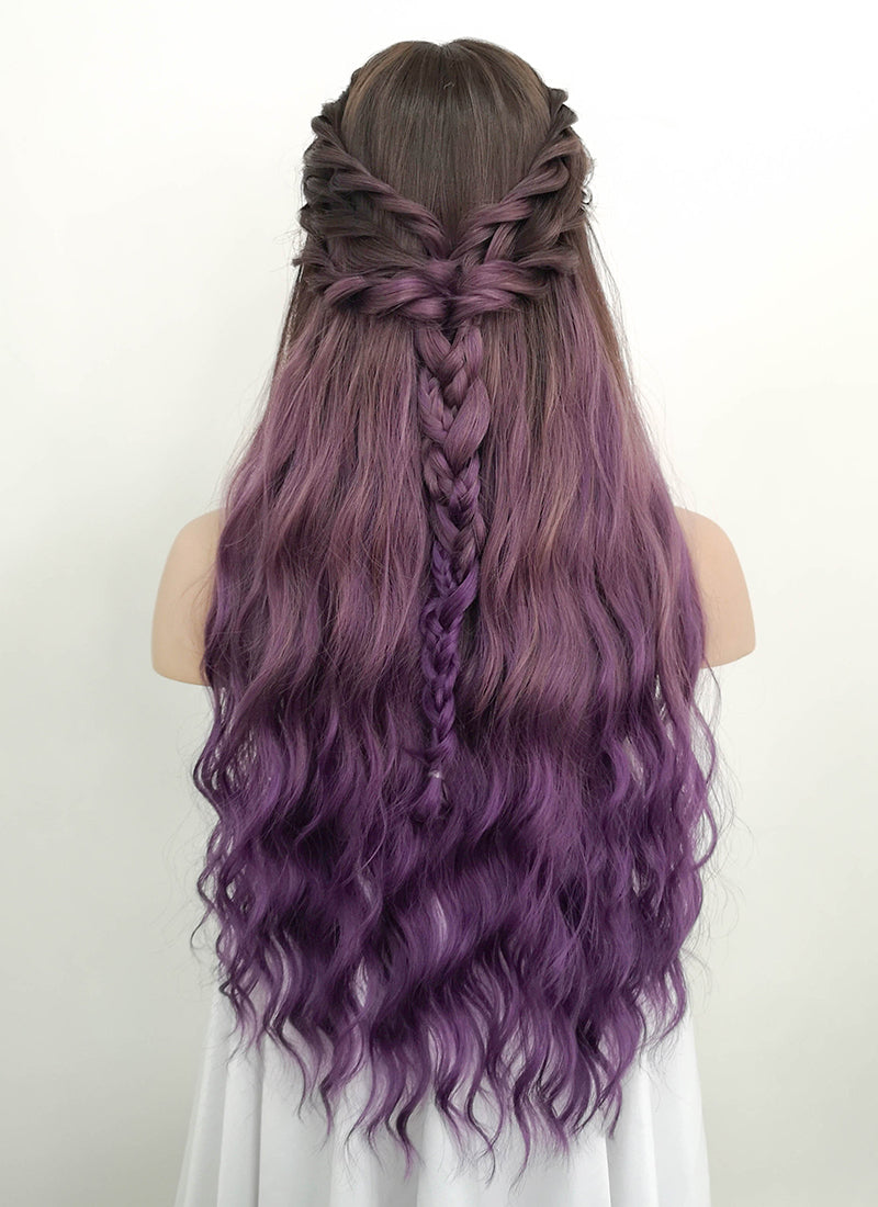 Two Tone Purple With Dark Roots Wavy Synthetic Wig NS068