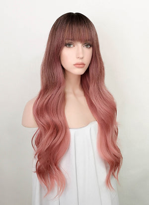 Pink With Dark Roots Wavy Synthetic Wig NS186