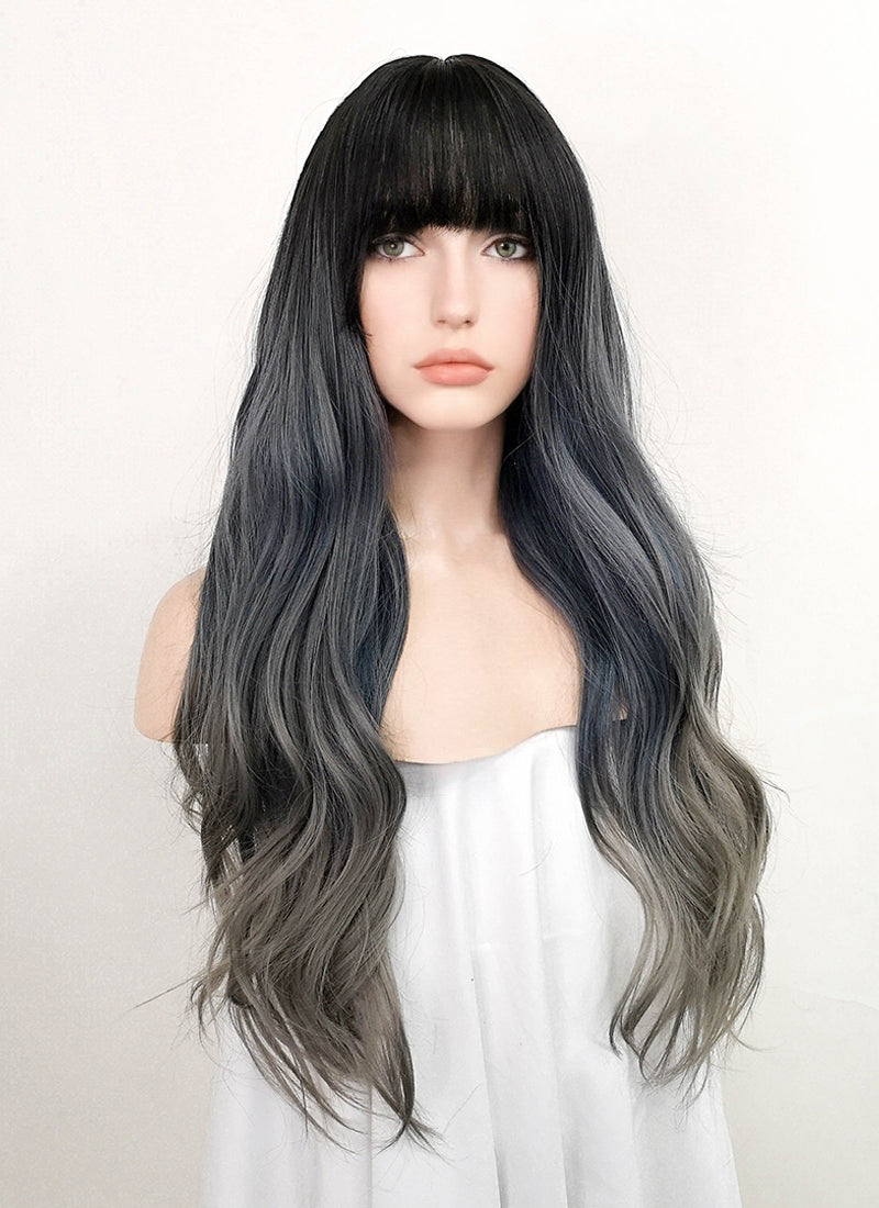 Two Tone Grey With Dark Roots Wavy Synthetic Wig NS328