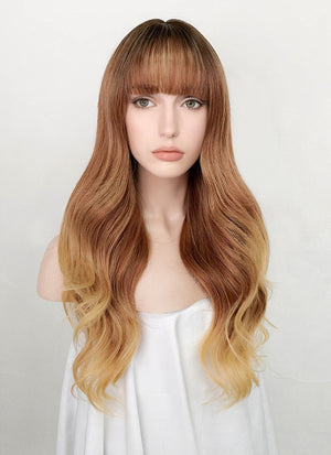 Mixed Brown With Dark Roots Wavy Synthetic Hair Wig NS386