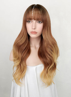 Mixed Brown With Dark Roots Wavy Synthetic Hair Wig NS386