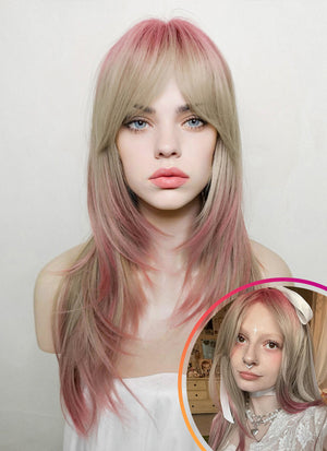 Pink Mixed Blonde Ombre Layered Synthetic Hair Wig NS415