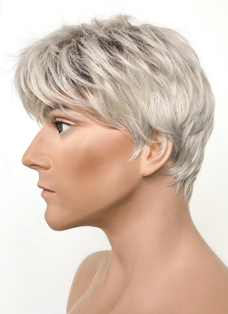 Ash Blonde With Dark Roots Straight Pixie Synthetic Hair Men's Wig NS424